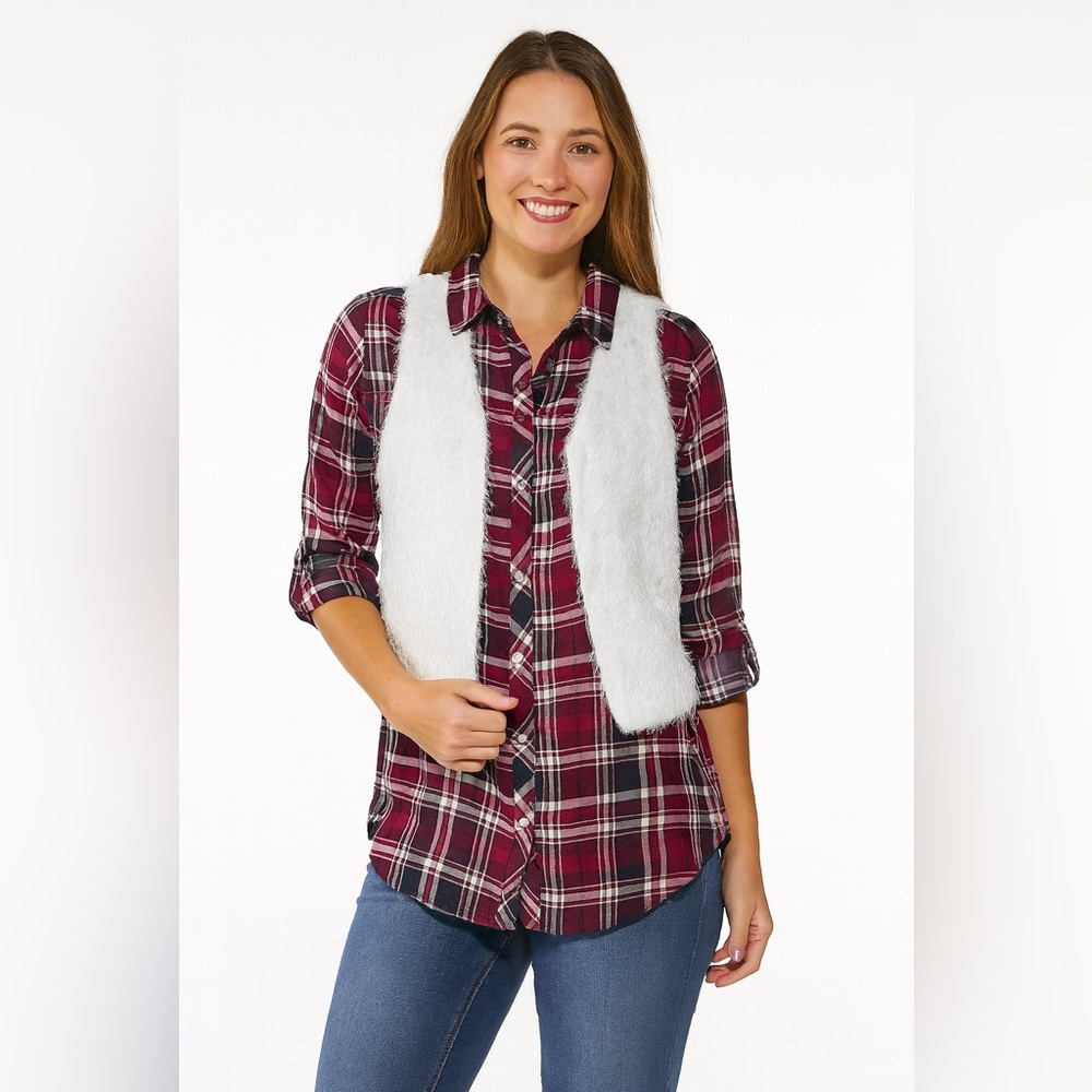 AMY Byer Plaid Button Down Shirt with Faux Fur Vest 10 NWT